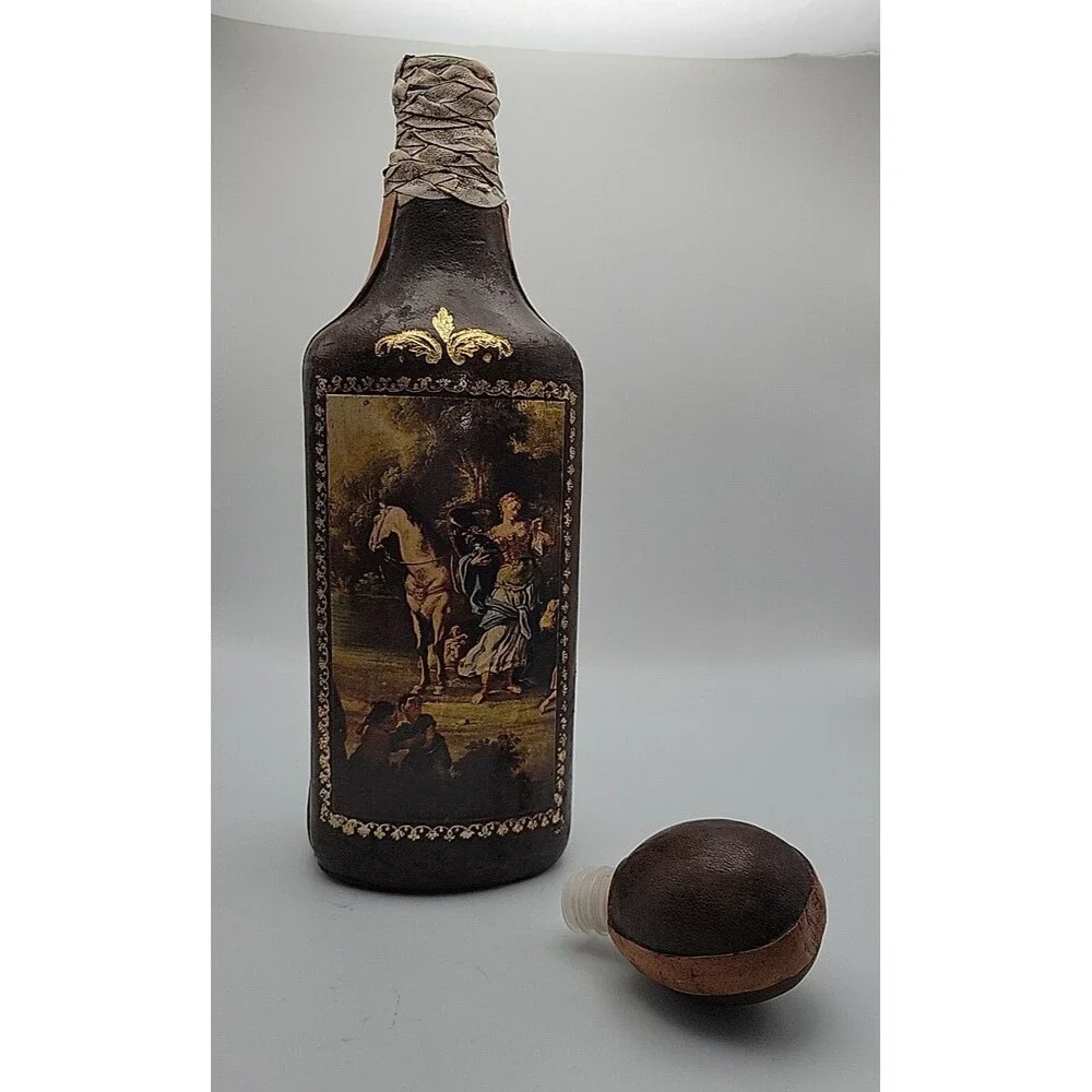 Vintage Rico Leather Covered Glass Liquor Bottle Decanter Made in Italy